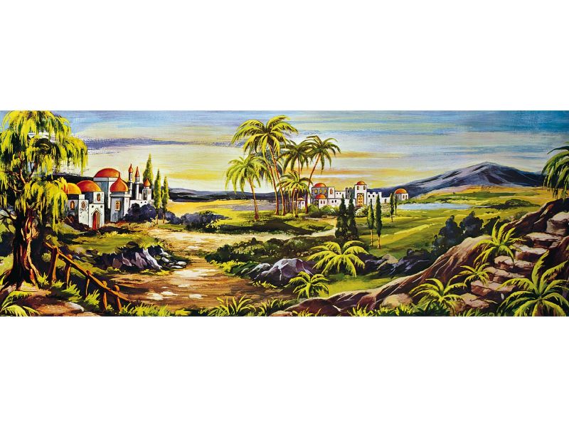 fondale per presepe, sfondo stile orientale con paesaggio arabo per presepi, linea bertoni, cartone, 118 x 42 cm