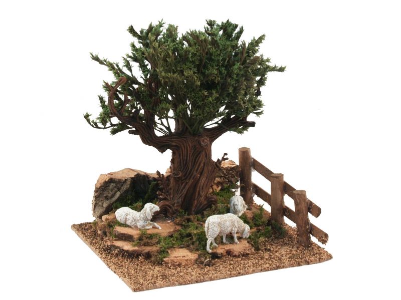 alberello di ulivo su collina con pecore per presepe, legno/muschio/plastica, 16x10x18 cm