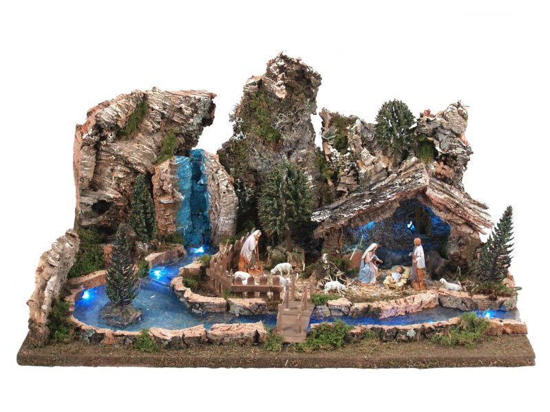 paesaggio per presepe con fiume illuminato e statuine natività 6,5 cm, legno/resina, multicolore, 36x56x25 cm