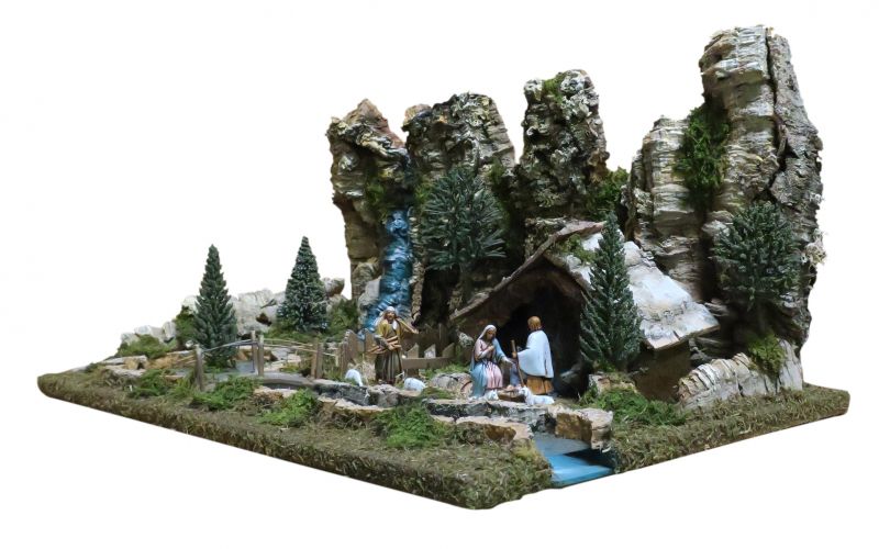 paesaggio per presepe con fiume illuminato e statuine natività 6,5 cm, legno/resina, multicolore, 36x56x25 cm