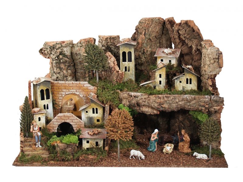 paesaggio con grotta, fontana, luci personaggi – bertoni presepe linea natale