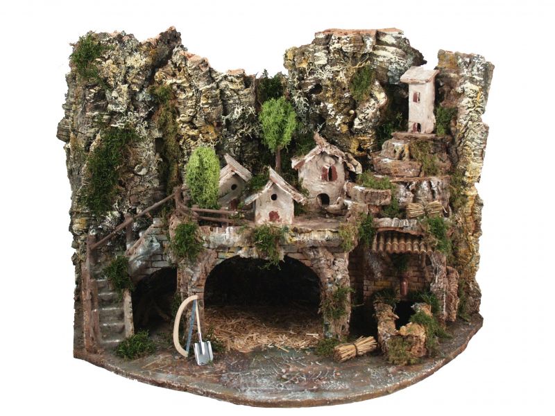 paesaggio per presepe con casette, fontana con acqua che scorre, led effetto fuoco e lucine, 220v, 58x38x40 cm