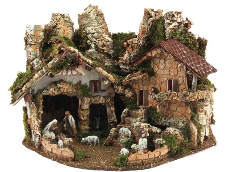 presepe con casa, montagna, fontana e luci 220v, statuine 10 cm incluse, linea natale bertoni, 58x38x40 cm