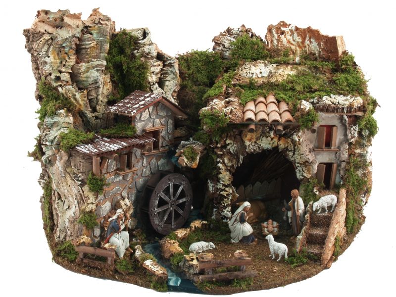 paese per presepe con statuine natività, lucine, mulino che si muove e cascata con acqua che scorre, 220v, 56x37x42 cm