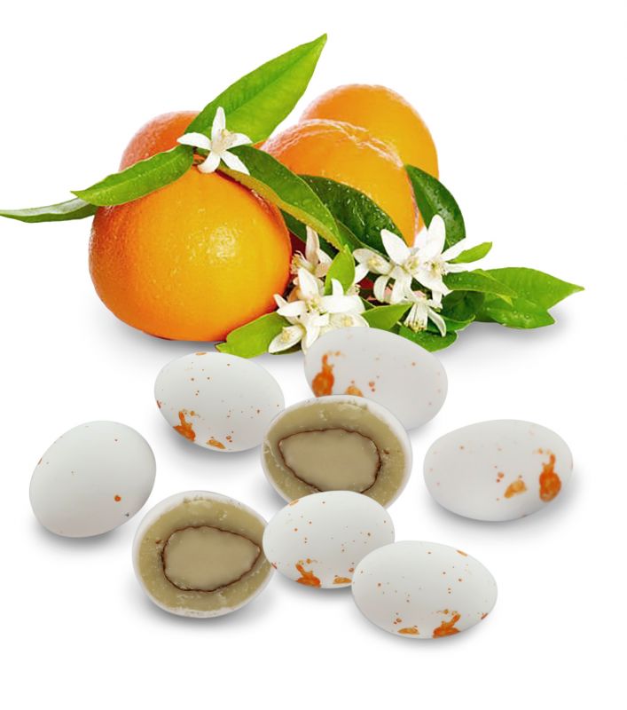 confetti con mandorla tostata ricoperta di cioccolato bianco al gusto fiori d'arancio, bianchi/arancioni - linea 