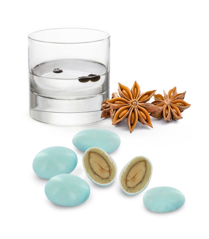 confetti con mandorla tostata ricoperta di cioccolato bianco al gusto sambuca, celesti - linea 