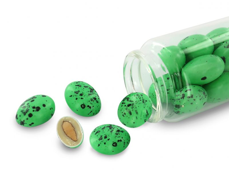 confetti con mandorla tostata ricoperta di cioccolato bianco al gusto menta e liquirizia, verdi/neri - linea 