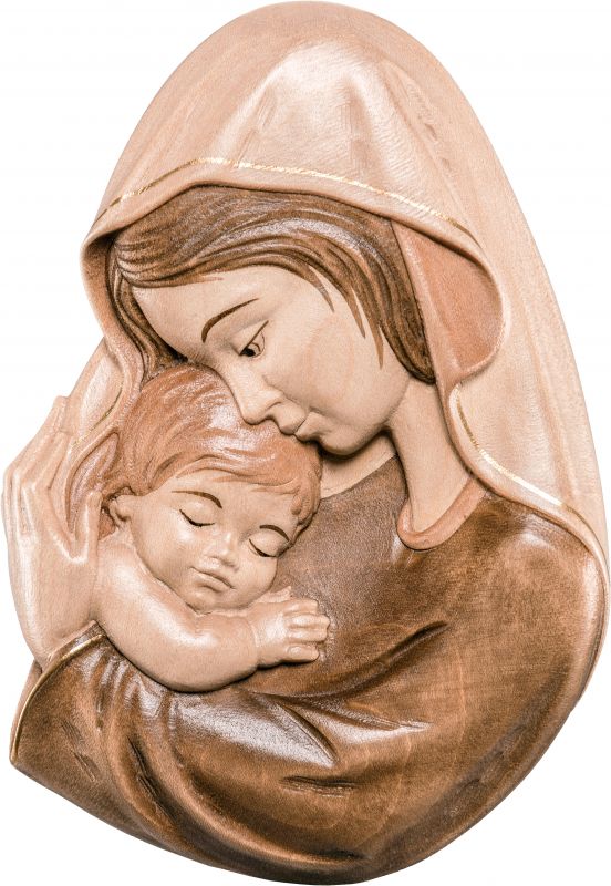 rilievo della madonna rosso-azzurro - demetz - deur - statua in legno dipinta a mano. altezza pari a 18 cm.