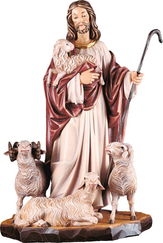 gesù buon pastore con pecore  - demetz - deur - statua in legno colorato. altezza pari a 60 cm.	
