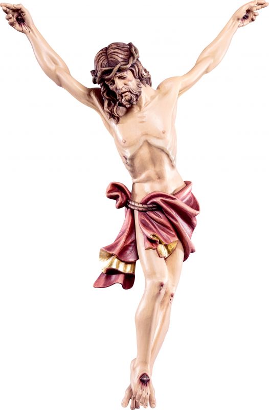 crocifisso cristo delle alpi rosso - demetz - deur - statua in legno dipinta a mano. altezza pari a 35 cm.