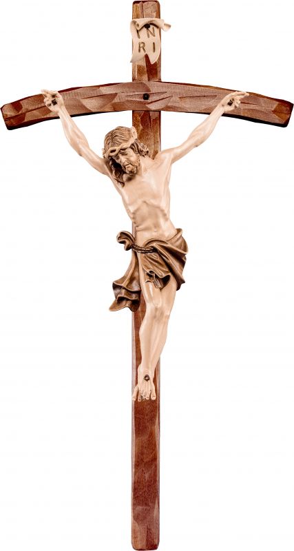 crocifisso cristo delle alpi tiglio con croce pastorale - demetz - deur - statua in legno dipinta a mano. altezza pari a 40 cm.