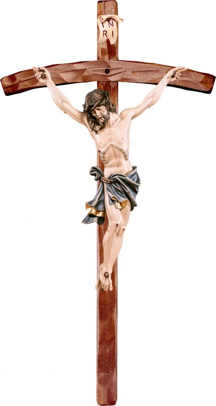crocifisso cristo delle alpi tiglio con croce pastorale - demetz - deur - statua in legno dipinta a mano. altezza pari a 25 cm.