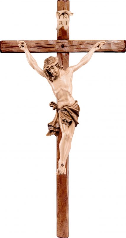 crocifisso cristo delle alpi azzurro con croce diritta - demetz - deur - statua in legno dipinta a mano. altezza pari a 110 cm.