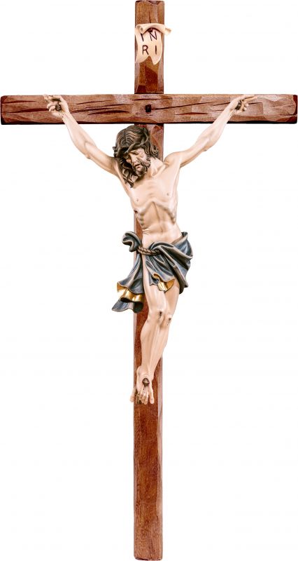 crocifisso cristo delle alpi azzurro con croce diritta - demetz - deur - statua in legno dipinta a mano. altezza pari a 110 cm.