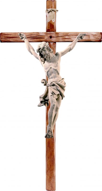 crocifisso cristo delle alpi rovere con croce diritta - demetz - deur - statua in legno dipinta a mano. altezza pari a 110 cm.