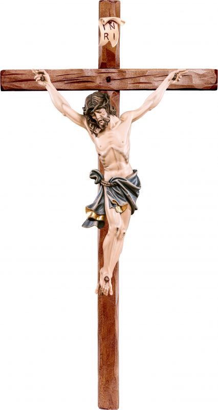 crocifisso cristo delle alpi tiglio con croce diritta - demetz - deur - statua in legno dipinta a mano. altezza pari a 25 cm.