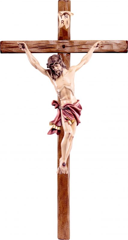 crocifisso cristo delle alpi rosso con croce diritta - demetz - deur - statua in legno dipinta a mano. altezza pari a 10 cm.