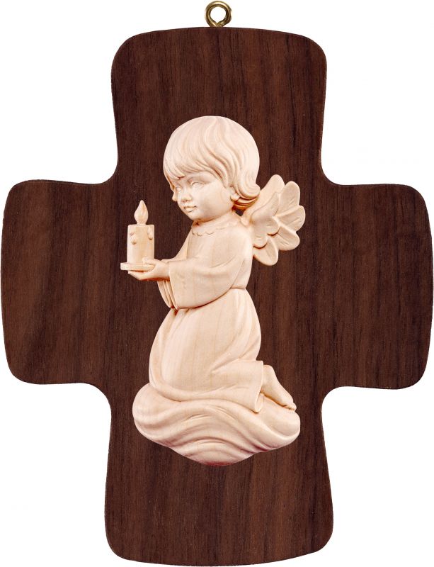 croce con angelo pitti con candela - demetz - deur - statua in legno dipinta a mano. altezza pari a 16 cm.