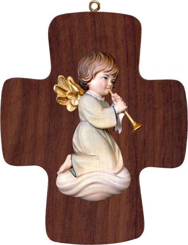 croce con angelo pitti con trombone - demetz - deur - statua in legno dipinta a mano. altezza pari a 16 cm.