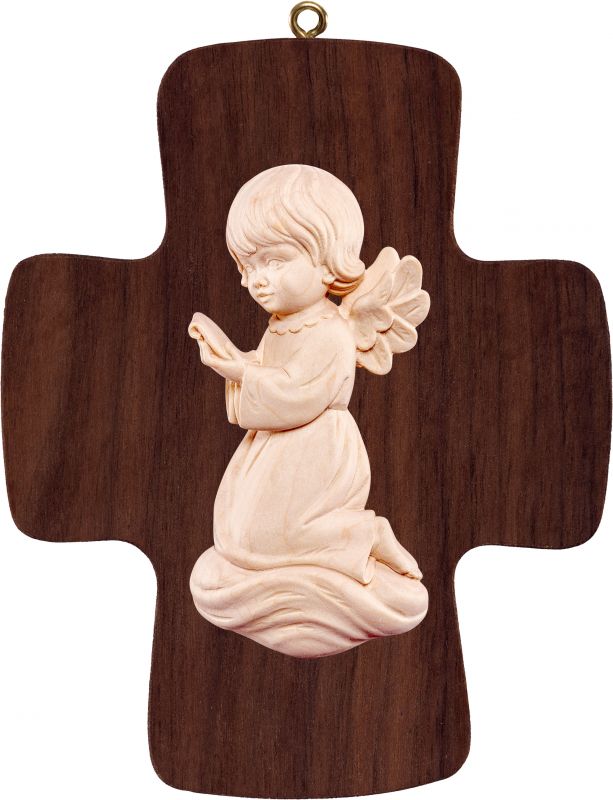 croce con angelo pitti che canta - demetz - deur - statua in legno dipinta a mano. altezza pari a 16 cm.