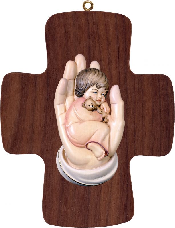croce con mano protettrice bambina - demetz - deur - statua in legno dipinta a mano. altezza pari a 16 cm.
