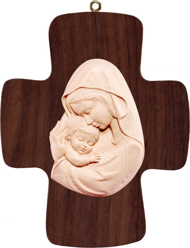 croce con madonna bianco-rosso - demetz - deur - statua in legno dipinta a mano. altezza pari a 16 cm.