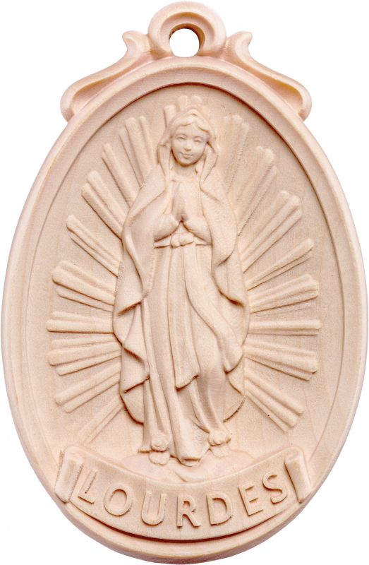 medaglione madonna lourdes - demetz - deur - statua in legno dipinta a mano. altezza pari a 6 cm.