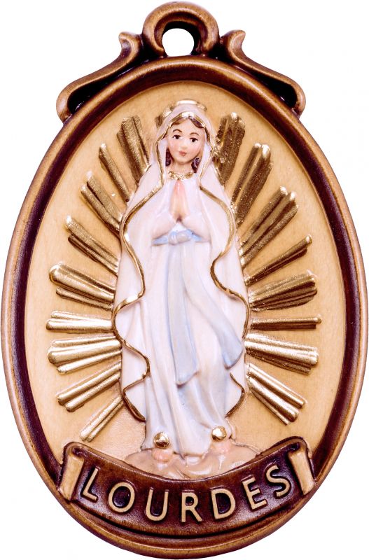 medaglione madonna lourdes - demetz - deur - statua in legno dipinta a mano. altezza pari a 6 cm.