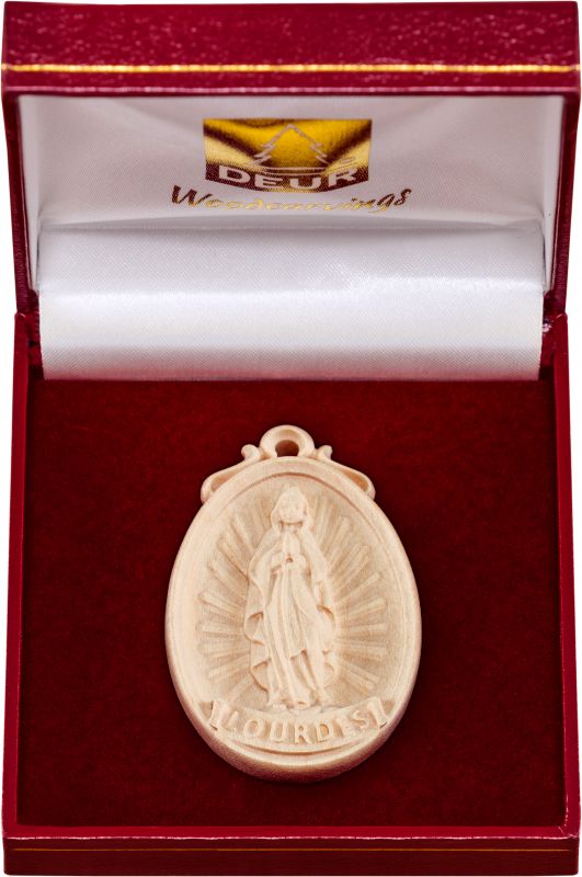 medaglione madonna lourdes con confezione - demetz - deur - statua in legno dipinta a mano. altezza pari a 6 cm.