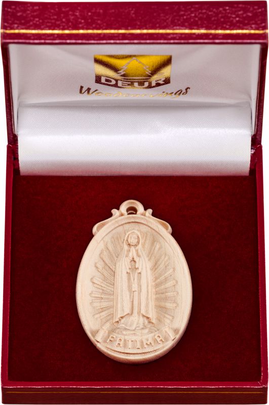 medaglione madonna fatima con confezione - demetz - deur - statua in legno dipinta a mano. altezza pari a 6 cm.