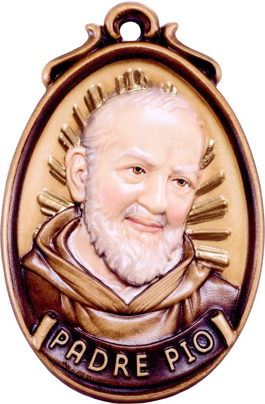 medaglione padre pio - demetz - deur - statua in legno dipinta a mano. altezza pari a 9 cm.