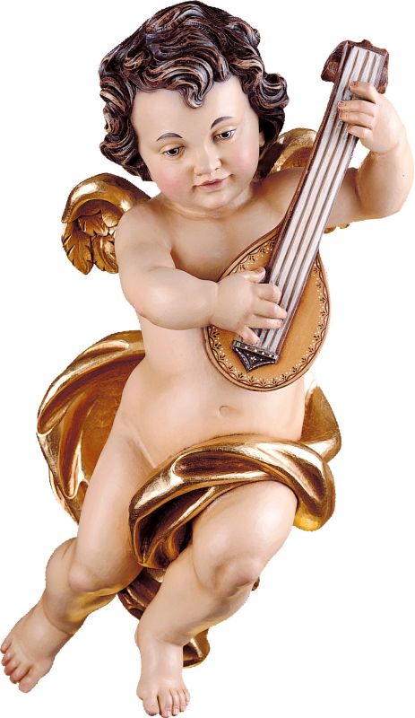 putto con mandolino - demetz - deur - statua in legno dipinta a mano. altezza pari a 20 cm.