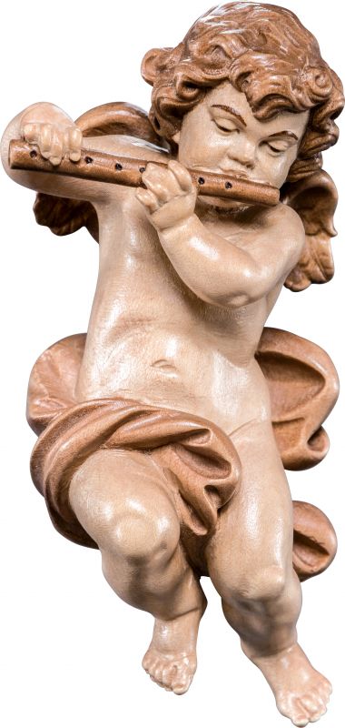 putto con flauto - demetz - deur - statua in legno dipinta a mano. altezza pari a 13 cm.