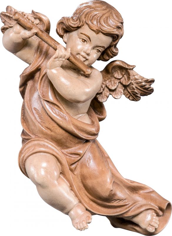 putto mariano con flauto - demetz - deur - statua in legno dipinta a mano. altezza pari a 35 cm.