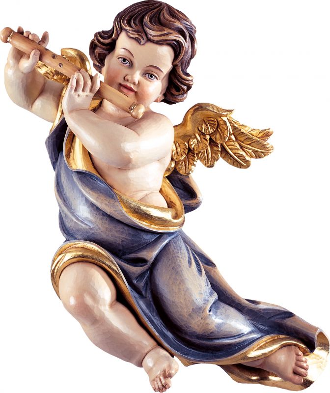 putto mariano con flauto - demetz - deur - statua in legno dipinta a mano. altezza pari a 14 cm.