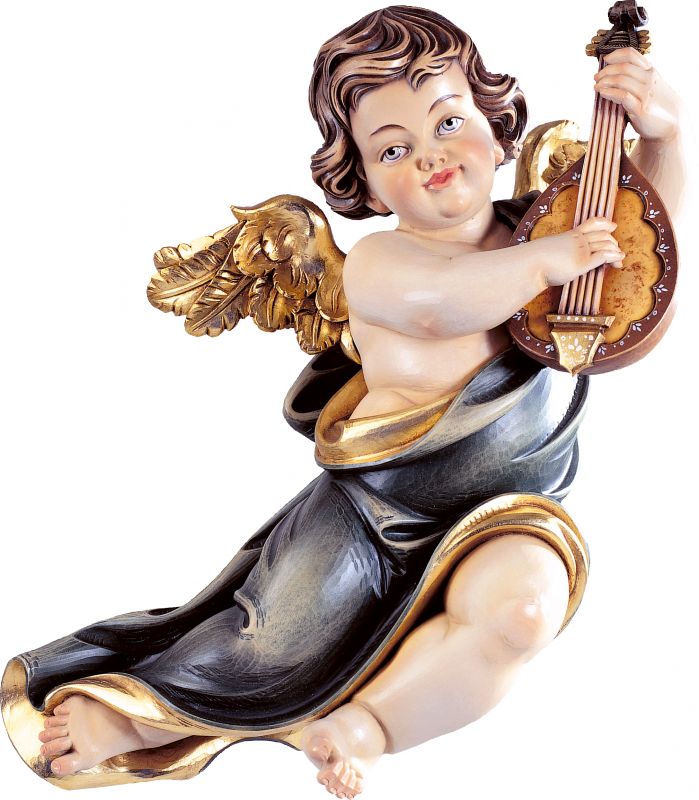 putto mariano con mandolino - demetz - deur - statua in legno dipinta a mano. altezza pari a 14 cm.