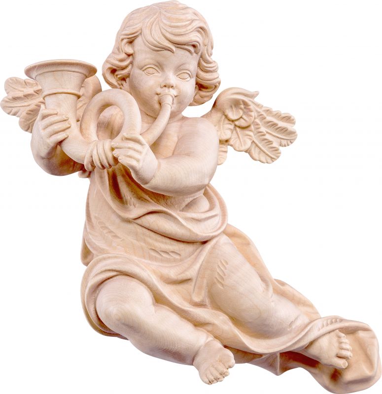 putto mariano con corno - demetz - deur - statua in legno dipinta a mano. altezza pari a 18 cm.