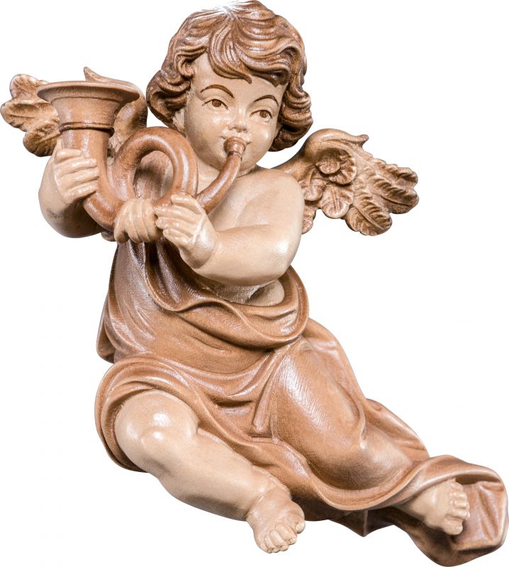 putto mariano con corno - demetz - deur - statua in legno dipinta a mano. altezza pari a 18 cm.