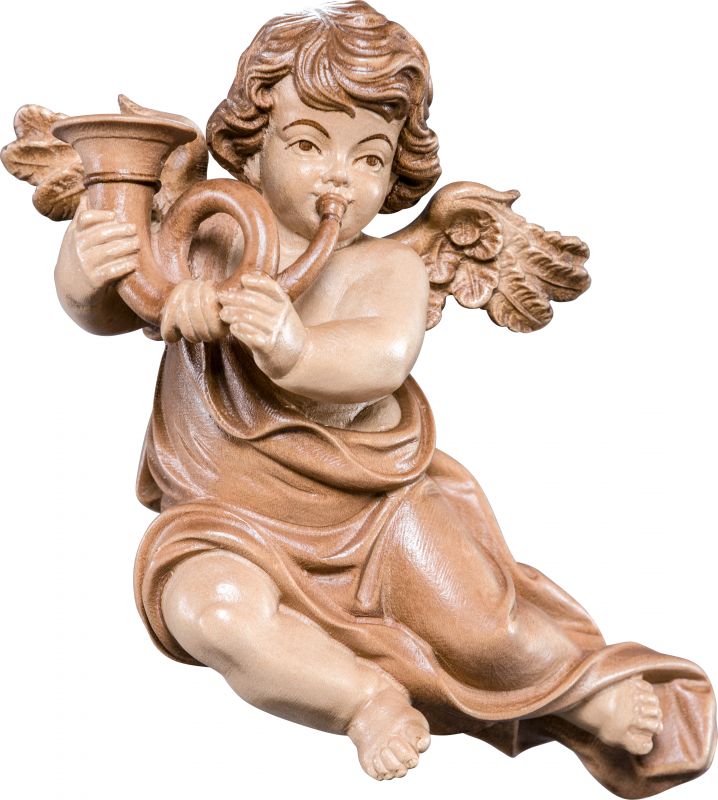 putto mariano con corno - demetz - deur - statua in legno dipinta a mano. altezza pari a 55 cm.