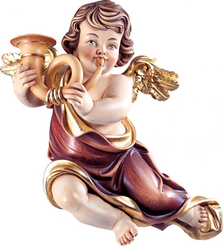 putto mariano con corno - demetz - deur - statua in legno dipinta a mano. altezza pari a 55 cm.