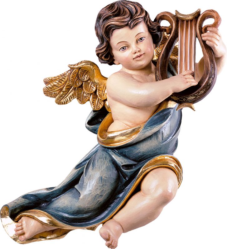 putto mariano con lira - demetz - deur - statua in legno dipinta a mano. altezza pari a 35 cm.