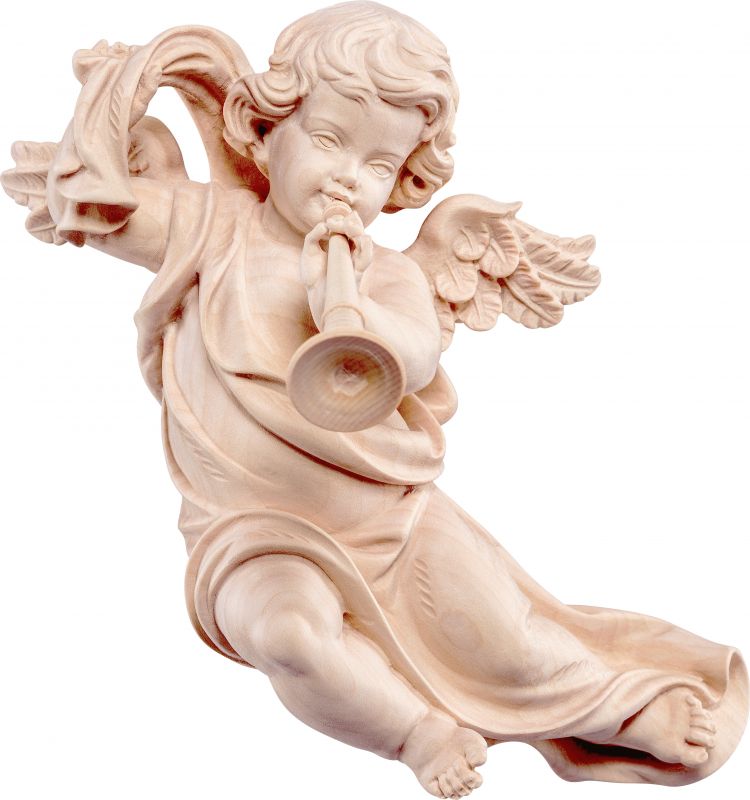 putto mariano con trombone - demetz - deur - statua in legno dipinta a mano. altezza pari a 18 cm.