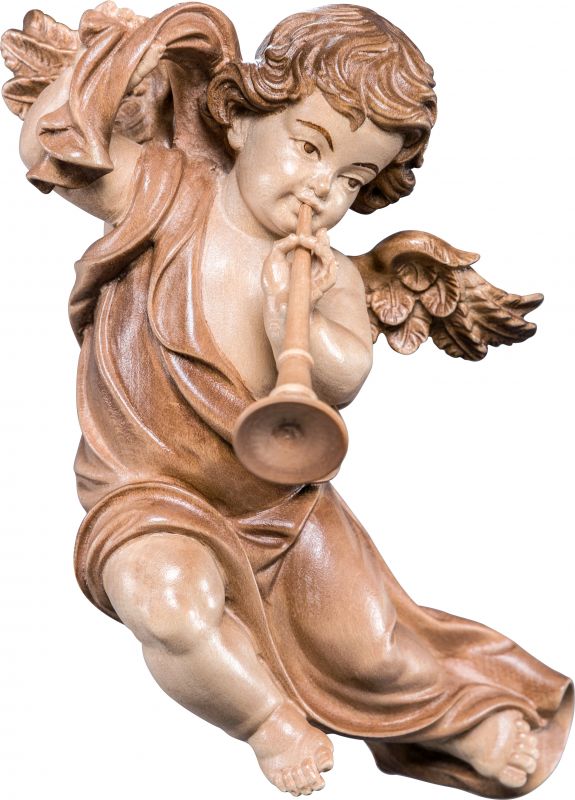 putto mariano con trombone - demetz - deur - statua in legno dipinta a mano. altezza pari a 22 cm.