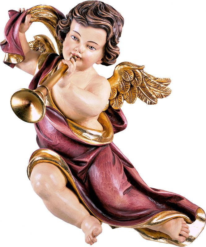 putto mariano con trombone - demetz - deur - statua in legno dipinta a mano. altezza pari a 18 cm.