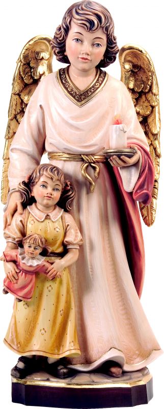 angelo custode con bambina - demetz - deur - statua in legno dipinta a mano. altezza pari a 40 cm.