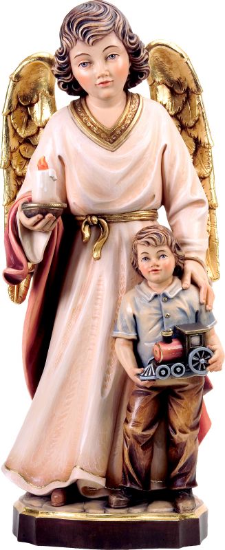 angelo custode con bambino - demetz - deur - statua in legno dipinta a mano. altezza pari a 60 cm.
