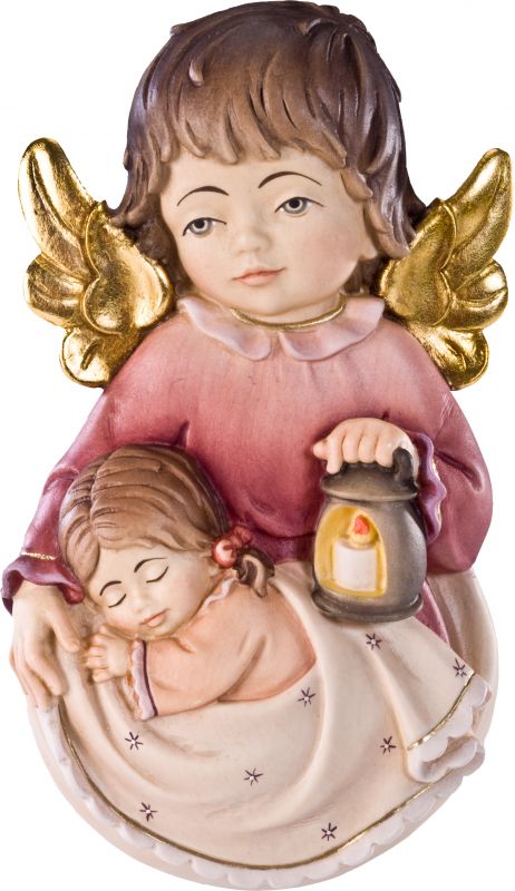 angelo custode pensile con bambina - demetz - deur - statua in legno dipinta a mano. altezza pari a 8 cm.