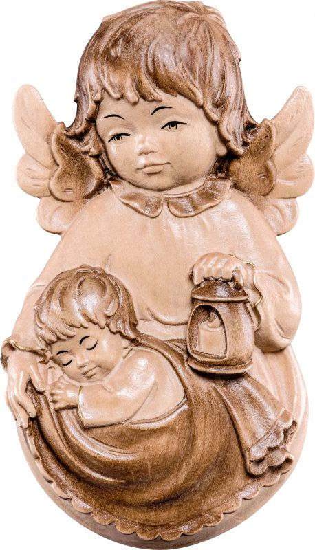 angelo custode pensile con bambino - demetz - deur - statua in legno dipinta a mano. altezza pari a 20 cm.