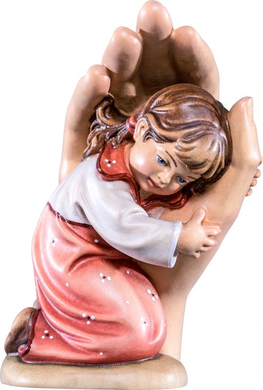 mano protettrice da poggiare con bambina - demetz - deur - statua in legno dipinta a mano. altezza pari a 14 cm.