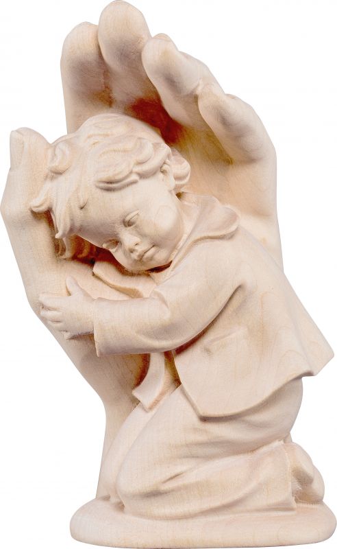 mano protettrice da poggiare con bambino - demetz - deur - statua in legno dipinta a mano. altezza pari a 14 cm.